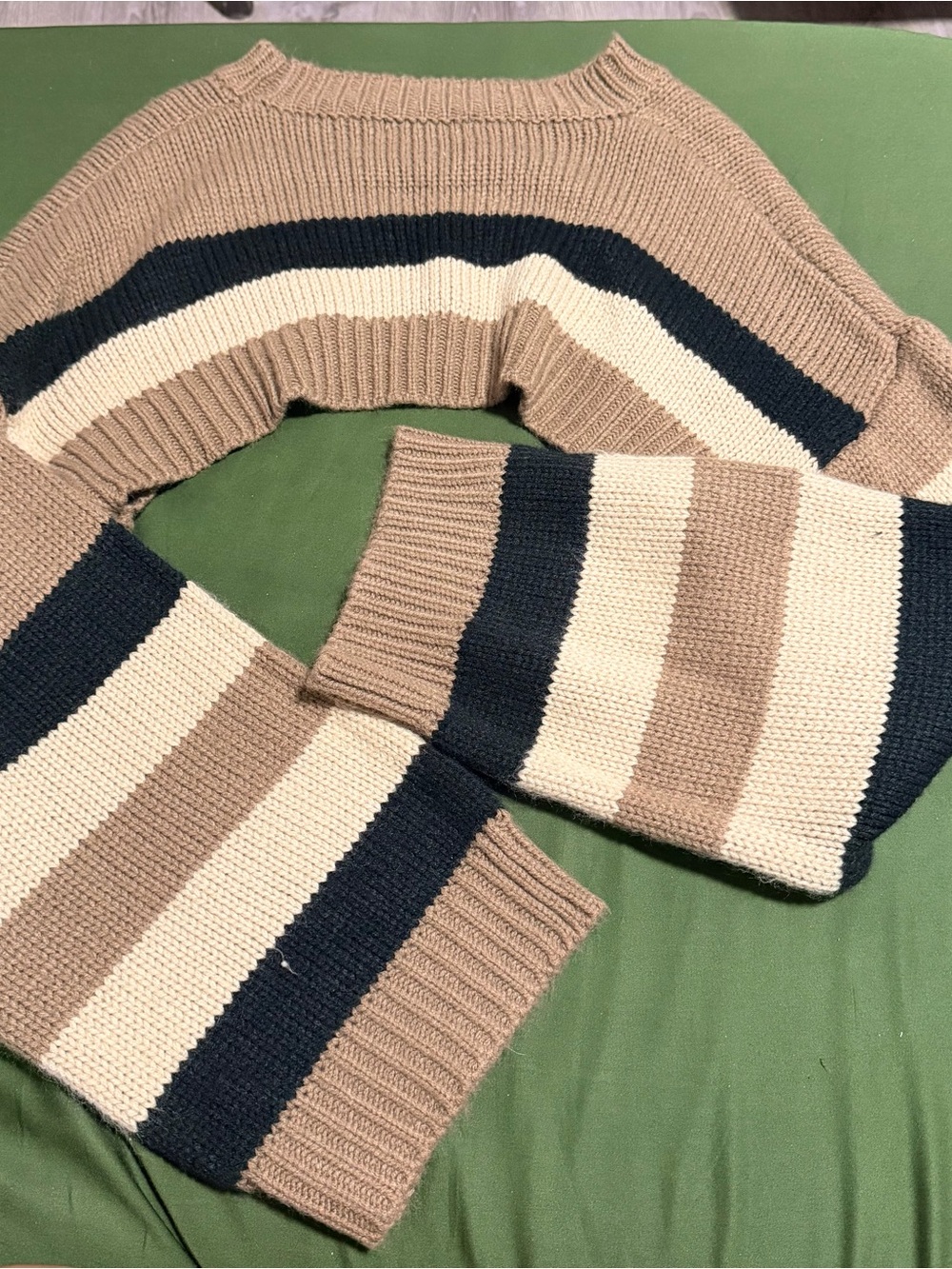 Striped Cropped Crewneck Sweater in Tan, Cream & Navy